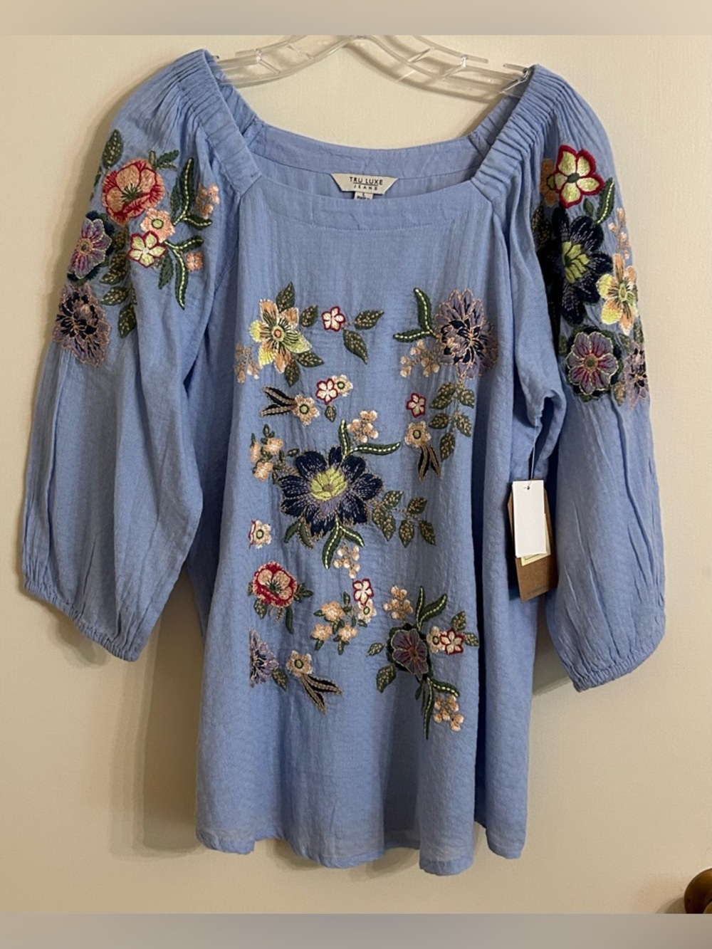 Tru Luxe Jeans Light Blue Embroidered Floral Peasant Top